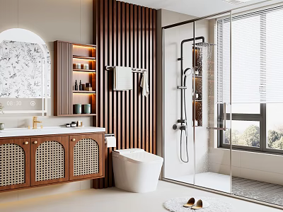 Modern Bathroom Interior With Wooden Vanity Freestanding Bathtub And Glass Shower Enclosure 3d model
