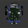 Small Robot With Blue Frame Green Circuit Board Black Motors And White Wheels