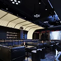 Modern Luxurious Bar Interior Design With Black Leather Sofas Plants And Pendant Lights 3d model