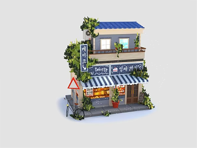 Cartoon Style Two Story Café Building With Blue Roof Balcony Bicycle And Striped Awning 3d model
