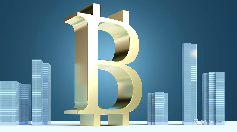 Golden Bitcoin Symbol Decorative Ornament Set With Urban City Buildings Background 3d model 