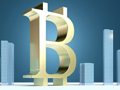 Golden Bitcoin Symbol Decorative Ornament Set With Urban City Buildings Background 3d model