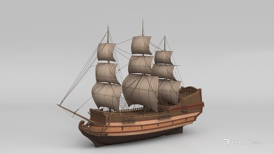 Classic Wooden Ship Model With Multiple Sails And Tall Masts 3d model 
