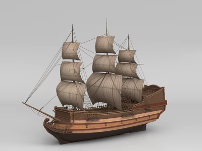 Classic Wooden Ship Model With Multiple Sails And Tall Masts 3d model
