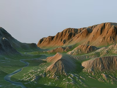 Breathtaking Mountain Landscape With Winding River Rolling Hills And Lush Green Grasslands 3d model