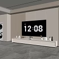 Modern White TV Stand With Wooden Panel Wall Ornaments And Floor Lamp In Living Room
