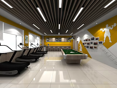 Modern School Gymnasium With Treadmills Pool Table And Weightlifting Posters 3d model