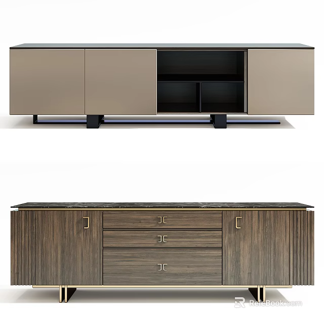 Modern TV Stand With Wooden Cabinet Doors Drawers Open Shelves And Black Base 3d model 
