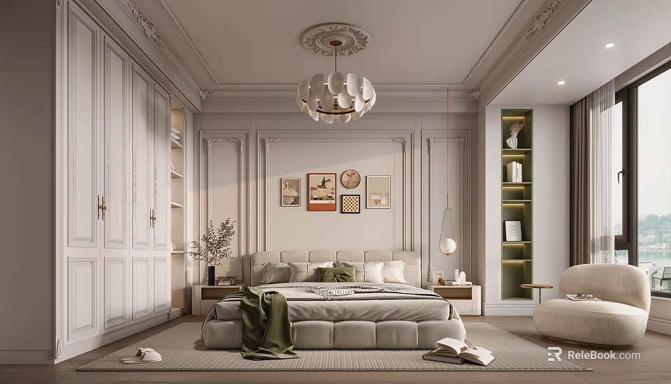 Elegant Classic Bedroom Interior With White Wardrobes Decorative Paintings Chandelier And Rug 3d model 