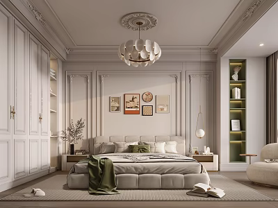 Elegant Classic Bedroom Interior With White Wardrobes Decorative Paintings Chandelier And Rug 3d model