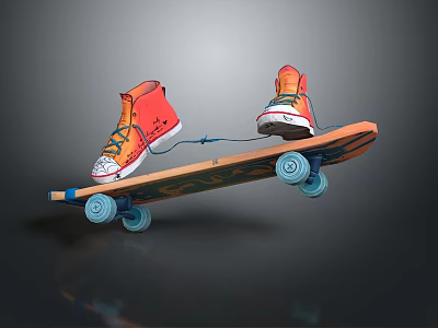 Stylish Orange And Blue Skateboard With Blue Wheels And Red Orange Shoes 3d model
