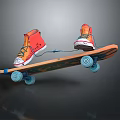 Stylish Orange And Blue Skateboard With Blue Wheels And Red Orange Shoes