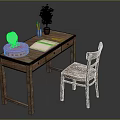 Wooden Desk and Chair With Open Notebook Pen Red Box Potted Plant and Mirror