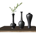 Stylish Decorative Ornament Set With Three White Vases On Wooden Tray And Green Foliage