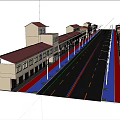 Scenic Commercial Street With Trees Buildings Pedestrians And Car On Colorful Road Lanes