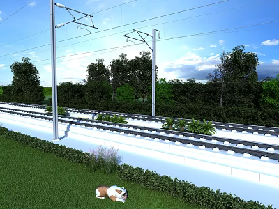 Scenic Railway Tracks With Overhead Wire Poles Green Trees Grass And Hedge 3d model