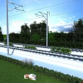 Scenic Railway Tracks With Overhead Wire Poles Green Trees Grass And Hedge
