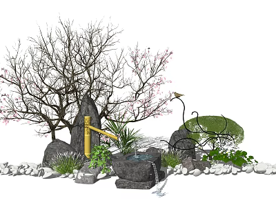 Serene Garden Ornament Featuring Cherry Blossom Tree Rocks Water Fountain and Lush Plants 3d model