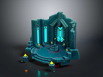 Ornate Fantasy Building Structure With Blue Glowing Windows And Flaming Torches On Stone Platform 3d model
