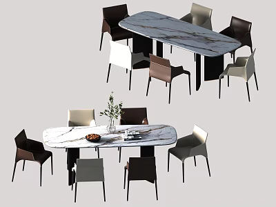 Modern Dining Table With Marble Top And Various Colored Chairs Set 3d model