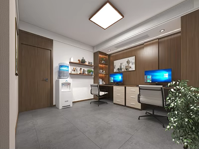 Modern Office Interior With Two Desks Computer Monitors Wooden Cabinets And Green Plants 3d model
