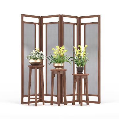 Three Elegant Wooden Plant Stands Holding Potted Flowers Behind Decorative Screen 3d model