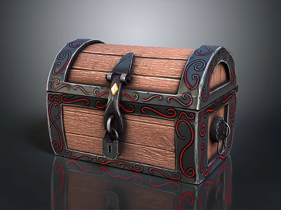 Vintage Wooden Chest With Black Metal Decorations Red Patterns Lock And Handle 3d model
