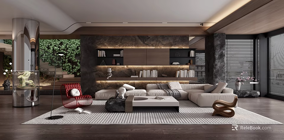 Elegant Modern Living Room Interior With Beige Sofa Marble Accent Wall And Bookshelves 3d model 