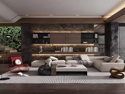 Elegant Modern Living Room Interior With Beige Sofa Marble Accent Wall And Bookshelves 3d model
