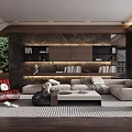 Elegant Modern Living Room Interior With Beige Sofa Marble Accent Wall And Bookshelves