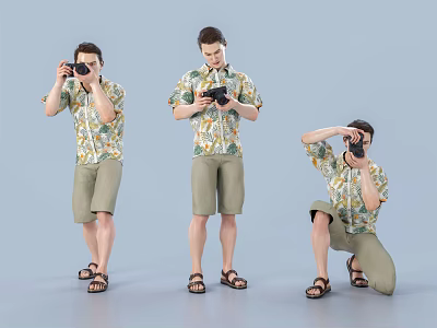 Men In Floral Shirts And Shorts Taking Photos With Cameras In Different Poses 3d model