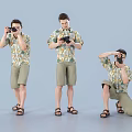 Men In Floral Shirts And Shorts Taking Photos With Cameras In Different Poses