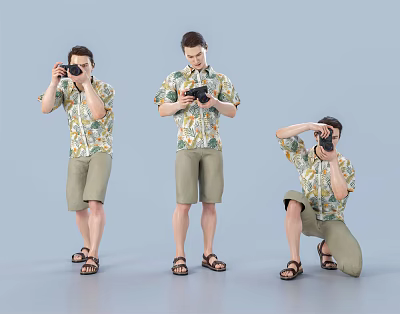 Men In Floral Shirts And Shorts Taking Photos With Cameras In Different Poses 3d model Men In Floral Shirts And Shorts Taking Photos With Cameras In Different Poses 3d model