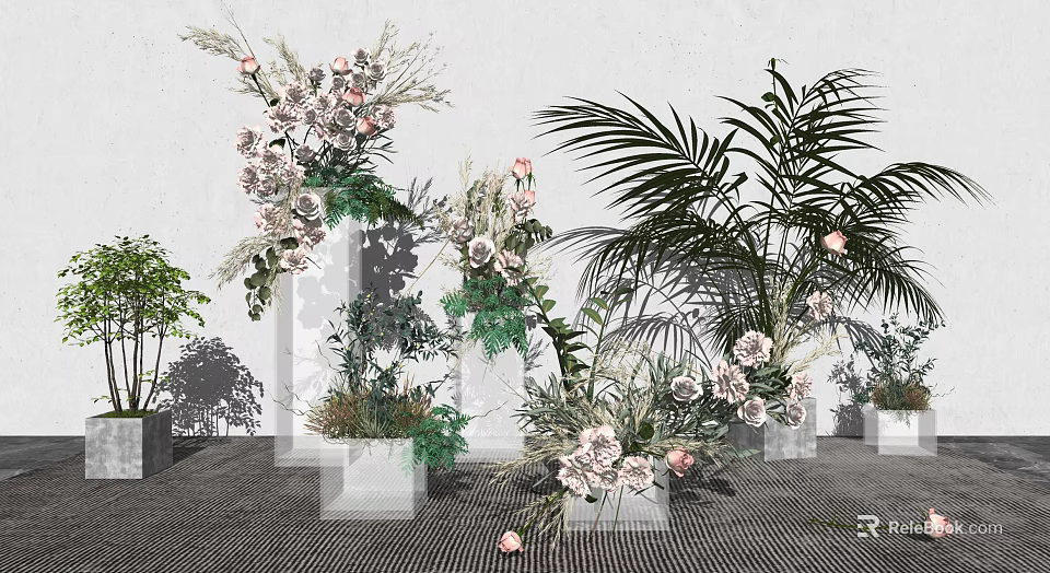 Elegant Floral Installation With Pink White Flowers Green Palm Leaves And Modern White Planters 3d model 