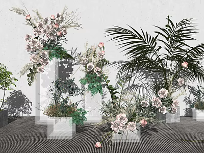Elegant Floral Installation With Pink White Flowers Green Palm Leaves And Modern White Planters 3d model