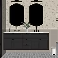 Black Bathroom Vanity With Double Gold Framed Mirrors Floral Wallpaper Marble Countertop And Sinks