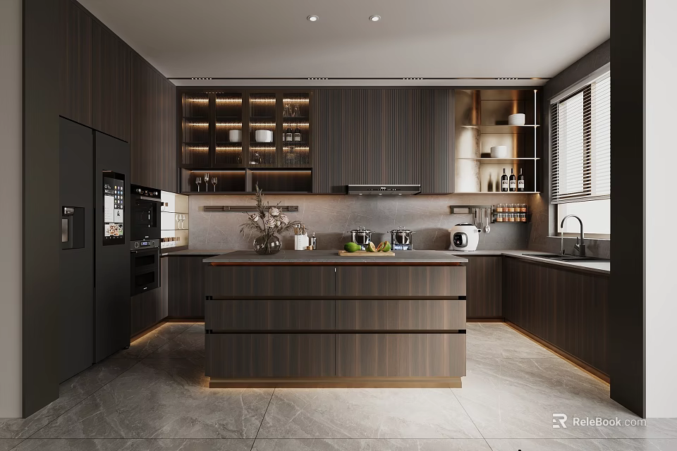 Modern Kitchen Interior With Dark Wood Cabinets Central Island And Built in Appliances 3d model 