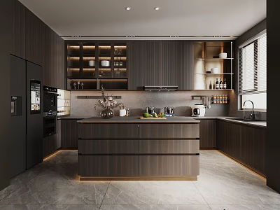 Modern Kitchen Interior With Dark Wood Cabinets Central Island And Built in Appliances 3d model