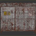 Decorative Ornament Set with Rusty Metal Cage Roof Top Yellow Warning Signs and Red Labels