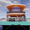 Modern Two Deck Ship With Teal And Wooden Design On Water