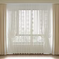 Beige Curtains With White Sheer For Window Over Wooden Floor And High Rise Buildings