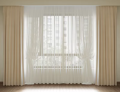 Beige Curtains With White Sheer For Window Over Wooden Floor And High Rise Buildings 3d model
