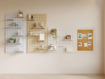 Stylish Wall Decor with Pegboard Wooden Shelves Plants Small Decorations Corkboard and 3d model