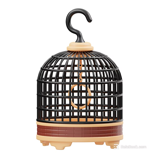 Black Decorative Cage Ornament With Hook Top Brown Base And Circular Ring Design 3d model 