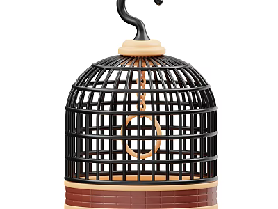 Black Decorative Cage Ornament With Hook Top Brown Base And Circular Ring Design 3d model