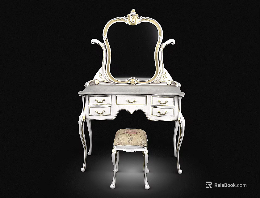 Elegant White Dressing Table and Stool Set with Ornate Mirror Drawers and Upholstered Seat 3d model 