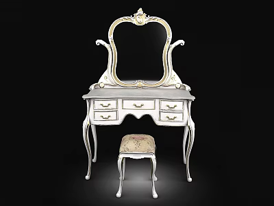 Elegant White Dressing Table and Stool Set with Ornate Mirror Drawers and Upholstered Seat 3d model