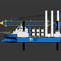 Blue And White Water Vessel Featuring Yellow Crane And Multiple White Chimneys For Marine Construction