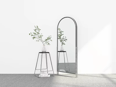 Arched Silver Mirror With Green Plant Clear Vase On Small Table White Wall Gray Floor 3d model