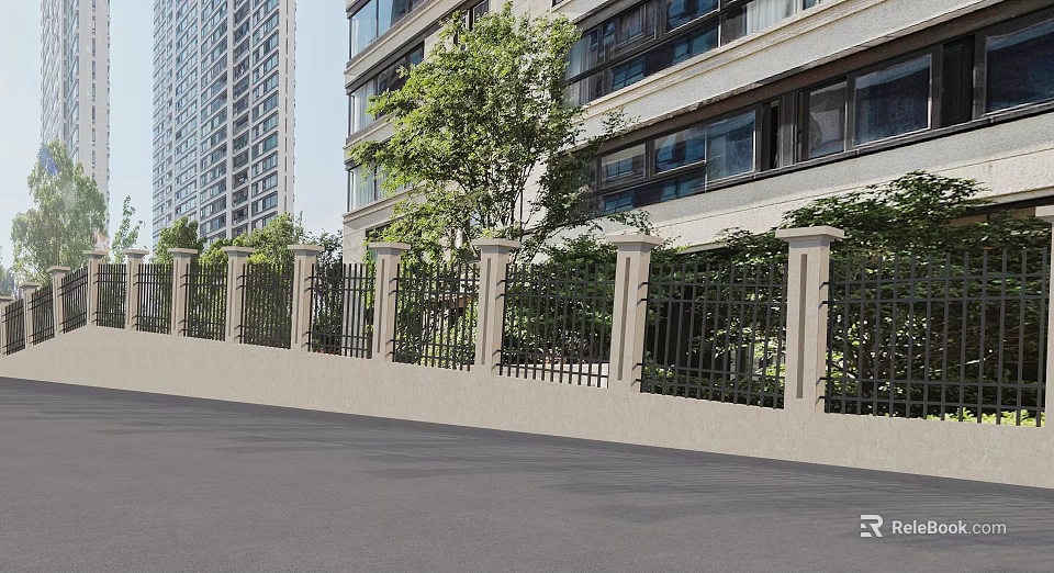Modern Urban Residential Landscape With High Rise Building Green Trees And Fence Wall 3d model 